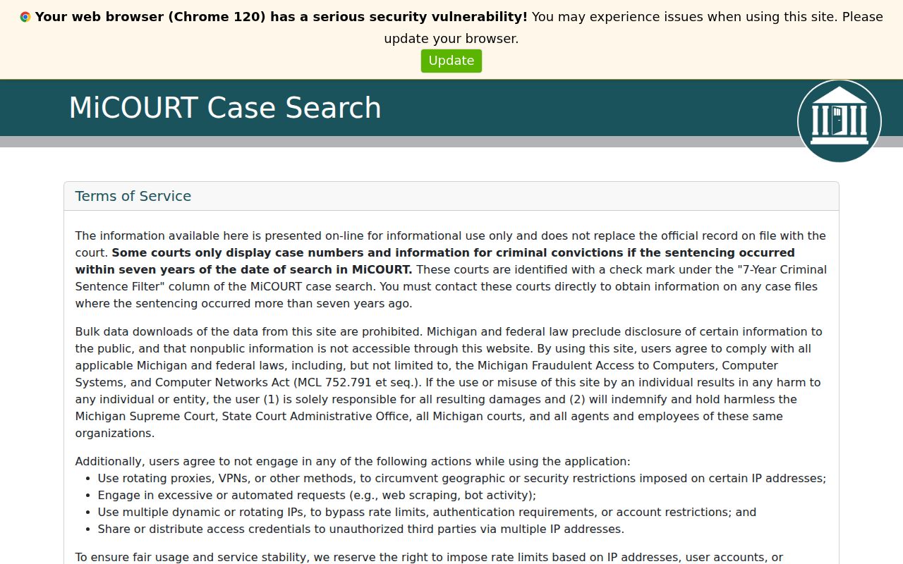 Iron County warrant search court selection and public case search interface
