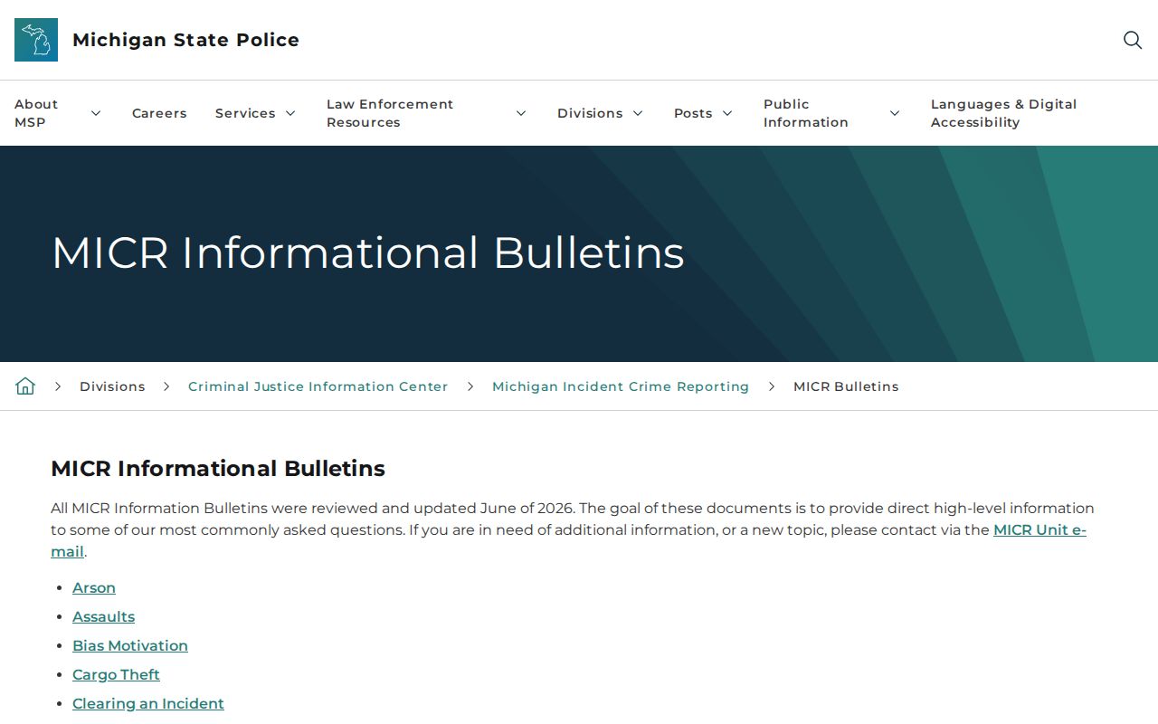 Michigan State Police warrant bulletin index used for Iron County warrant terminology