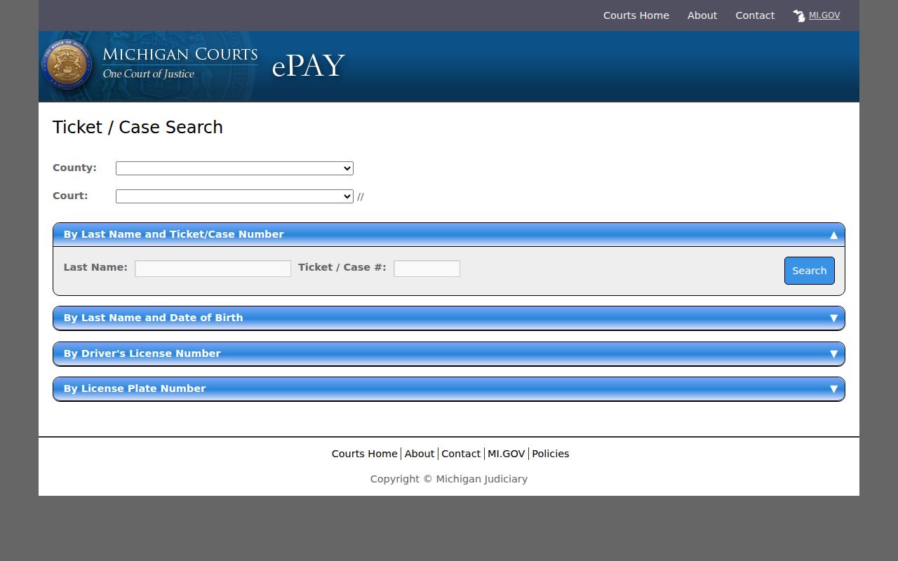 Michigan statewide ticket and case search fields that do not list Iron County