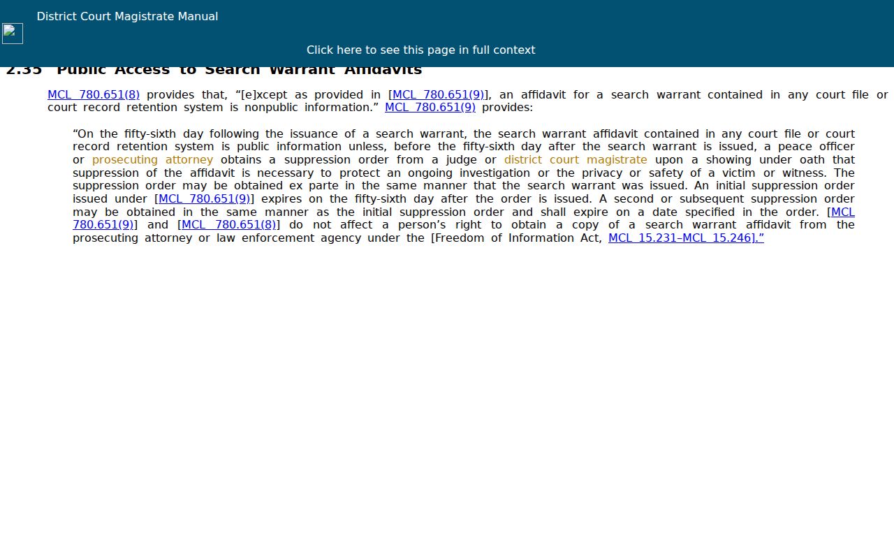 Michigan rule on public access to Iron County search warrant affidavits