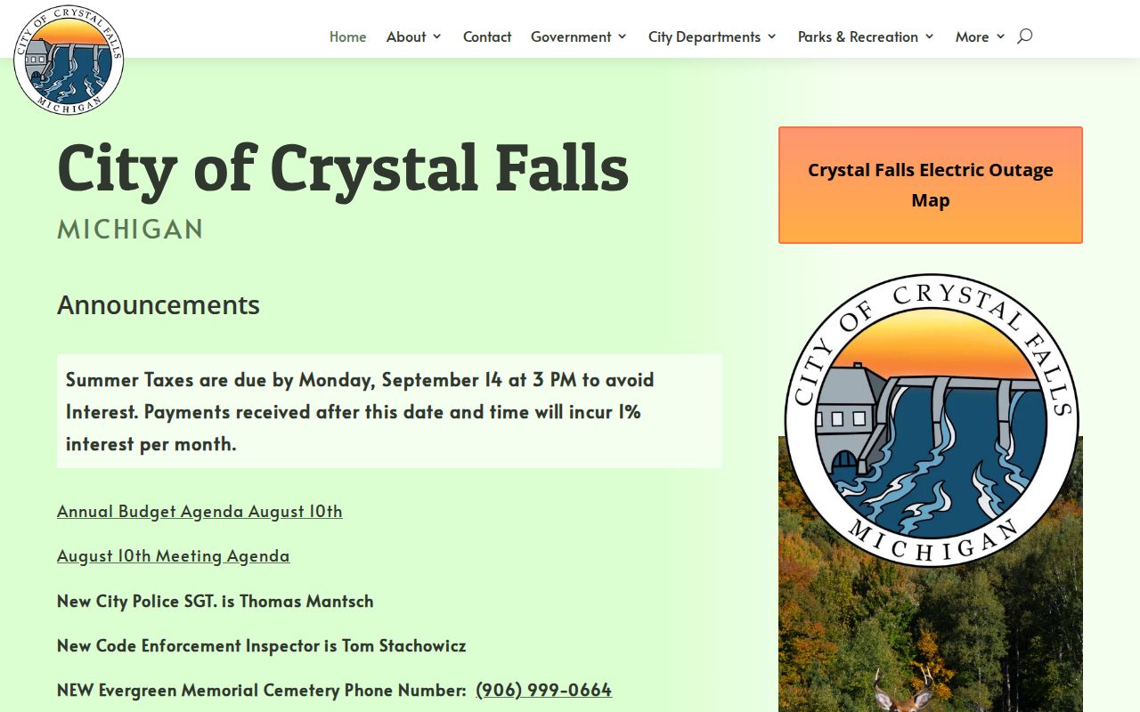 Crystal Falls city hall page for city business and court routing