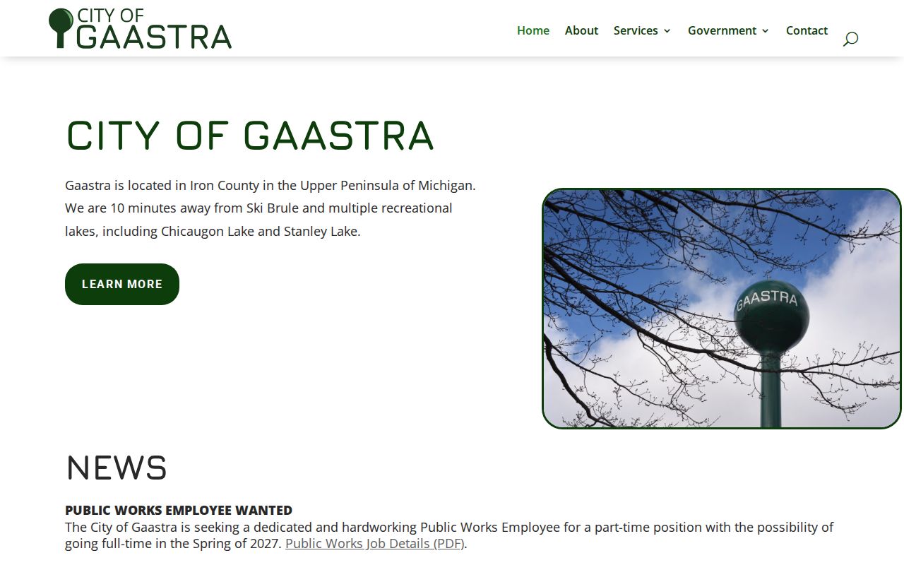 Gaastra city office page showing hours and no warrant portal