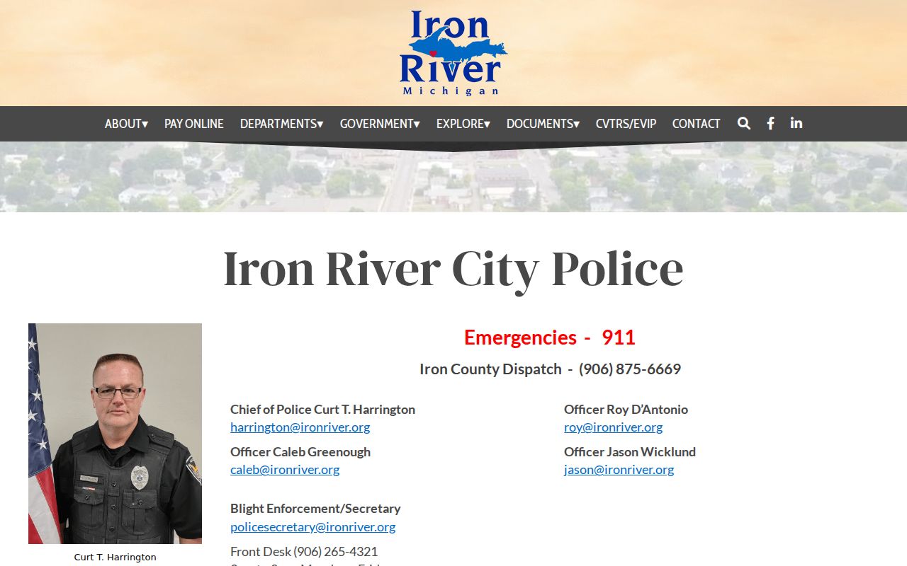 Iron River police contact page used to check a city warrant question